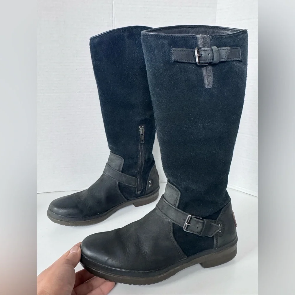 UGG Thomsen Black Suede Leather Waterproof Lined Tall Boots Women’s Size 7